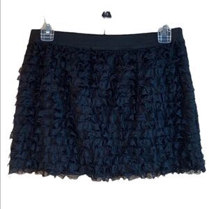 Forever 21 Solid Black Ruffle layered stretchy spandex mini Skirt fringe Size L